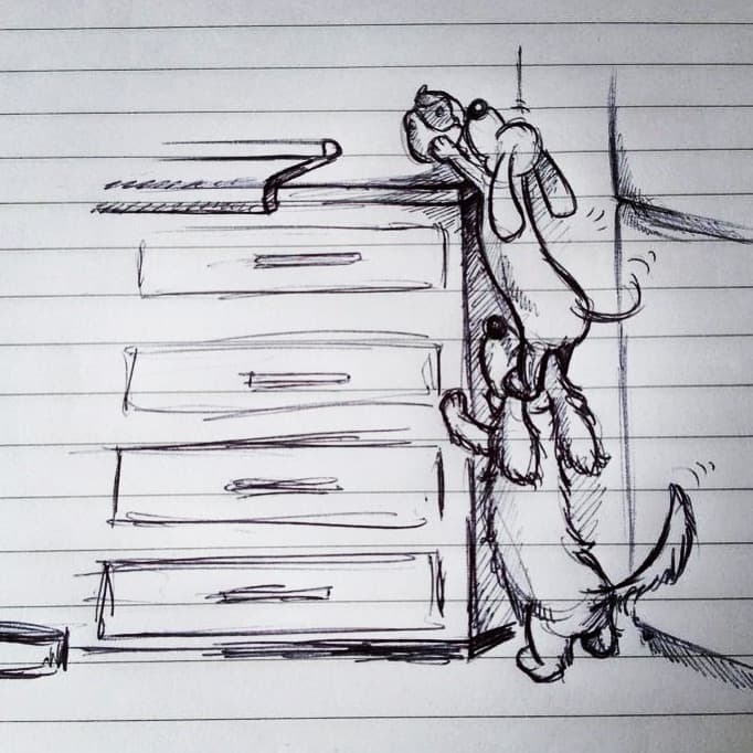 Pen sketch of Dexter and Toby teaming up to pull an egg poacher off a chest of drawers